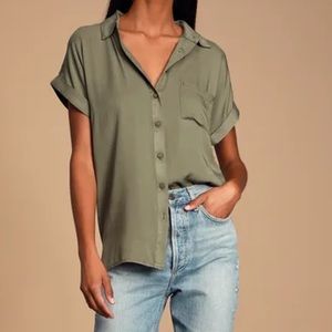 Blythe Olive Green Short Sleeve Button-Up Top